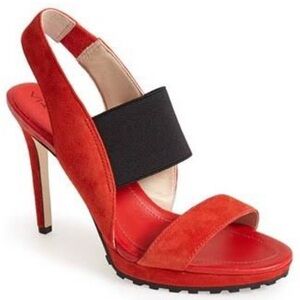 Via Spiga Red Suede Slingback Heel with Black Elastic Strap - Size 11